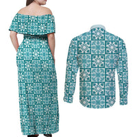 Cyan Palaka Quilt Hawaii Couples Matching Off Shoulder Maxi Dress and Long Sleeve Button Shirt Hawaiian Tropical Monstera Sea Turtle