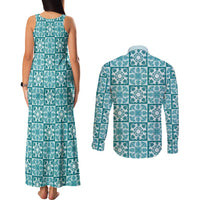 Cyan Palaka Quilt Hawaii Couples Matching Tank Maxi Dress and Long Sleeve Button Shirt Hawaiian Tropical Monstera Sea Turtle