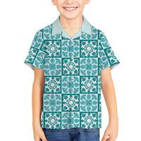 Cyan Palaka Quilt Hawaii Family Matching Off The Shoulder Long Sleeve Dress and Hawaiian Shirt Hawaiian Tropical Monstera Sea Turtle LT14 Son's Shirt Cyan - Polynesian Pride