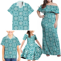 Cyan Palaka Quilt Hawaii Family Matching Off Shoulder Maxi Dress and Hawaiian Shirt Hawaiian Tropical Monstera Sea Turtle LT14 - Polynesian Pride