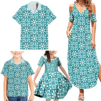 Cyan Palaka Quilt Hawaii Family Matching Summer Maxi Dress and Hawaiian Shirt Hawaiian Tropical Monstera Sea Turtle LT14 - Polynesian Pride