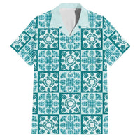 Cyan Palaka Quilt Hawaii Family Matching Summer Maxi Dress and Hawaiian Shirt Hawaiian Tropical Monstera Sea Turtle LT14 Dad's Shirt - Short Sleeve Cyan - Polynesian Pride