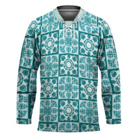 Cyan Palaka Quilt Hawaii Hockey Jersey Hawaiian Tropical Monstera Sea Turtle