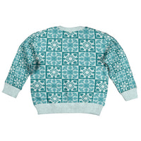 Cyan Palaka Quilt Hawaii Kid Ugly Christmas Sweater Hawaiian Tropical Monstera Sea Turtle