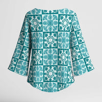 Cyan Palaka Quilt Hawaii Kimono Sleeve Blouse Hawaiian Tropical Monstera Sea Turtle