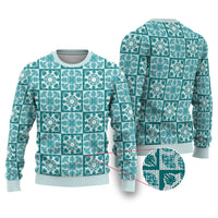 Cyan Palaka Quilt Hawaii Ugly Christmas Sweater Hawaiian Tropical Monstera Sea Turtle