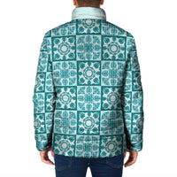 Cyan Palaka Quilt Hawaii Padded Jacket Hawaiian Tropical Monstera Sea Turtle