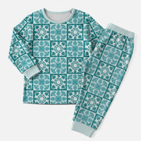 Cyan Palaka Quilt Hawaii Christmas Pajama Set Hawaiian Tropical Monstera Sea Turtle