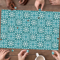 Cyan Palaka Quilt Hawaii Puzzle Hawaiian Tropical Monstera Sea Turtle