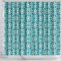Cyan Palaka Quilt Hawaii Shower Curtain Hawaiian Tropical Monstera Sea Turtle