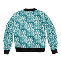 Cyan Palaka Quilt Hawaii Sleeve Zip Bomber Jacket Hawaiian Tropical Monstera Sea Turtle
