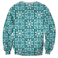 Cyan Palaka Quilt Hawaii Sweatshirt Hawaiian Tropical Monstera Sea Turtle