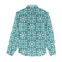 Cyan Palaka Quilt Hawaii Women Casual Shirt Hawaiian Tropical Monstera Sea Turtle
