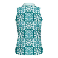 Cyan Palaka Quilt Hawaii Women Sleeveless Polo Shirt Hawaiian Tropical Monstera Sea Turtle