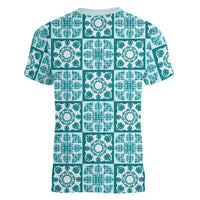 Cyan Palaka Quilt Hawaii Women V-Neck T-Shirt Hawaiian Tropical Monstera Sea Turtle