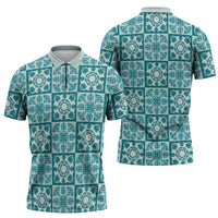 Cyan Palaka Quilt Hawaii Zipper Polo Shirt Hawaiian Tropical Monstera Sea Turtle