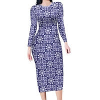 Polu Palaka Quilt Hawaii Family Matching Long Sleeve Bodycon Dress and Hawaiian Shirt Hawaiian Tropical Monstera Sea Turtle LT14 Mom's Dress Blue - Polynesian Pride