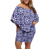 Polu Palaka Quilt Hawaii Family Matching Off Shoulder Short Dress and Hawaiian Shirt Hawaiian Tropical Monstera Sea Turtle LT14 Mom's Dress Blue - Polynesian Pride