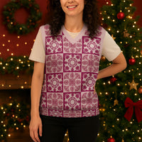 Akala Palaka Quilt Hawaii Christmas Knitted V-Neck Vest Hawaiian Tropical Monstera Sea Turtle
