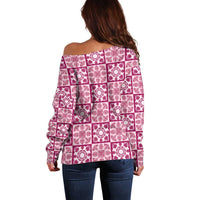 Akala Palaka Quilt Hawaii Off Shoulder Sweater Hawaiian Tropical Monstera Sea Turtle