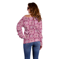 Akala Palaka Quilt Hawaii Off Shoulder Sweater Hawaiian Tropical Monstera Sea Turtle