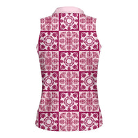 Akala Palaka Quilt Hawaii Women Sleeveless Polo Shirt Hawaiian Tropical Monstera Sea Turtle