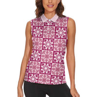 Akala Palaka Quilt Hawaii Women Sleeveless Polo Shirt Hawaiian Tropical Monstera Sea Turtle