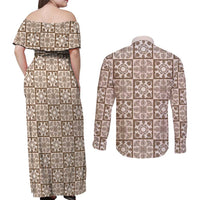 Beige Palaka Quilt Hawaii Couples Matching Off Shoulder Maxi Dress and Long Sleeve Button Shirt Hawaiian Tropical Monstera Sea Turtle