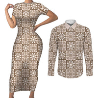 Beige Palaka Quilt Hawaii Couples Matching Short Sleeve Bodycon Dress and Long Sleeve Button Shirt Hawaiian Tropical Monstera Sea Turtle LT14 Beige - Polynesian Pride
