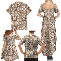 Beige Palaka Quilt Hawaii Family Matching Summer Maxi Dress and Hawaiian Shirt Hawaiian Tropical Monstera Sea Turtle LT14 - Polynesian Pride