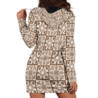 Beige Palaka Quilt Hawaii Hoodie Dress Hawaiian Tropical Monstera Sea Turtle