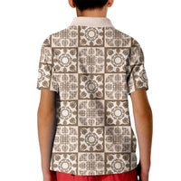 Beige Palaka Quilt Hawaii Kid Polo Shirt Hawaiian Tropical Monstera Sea Turtle