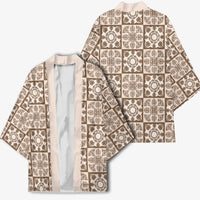 Beige Palaka Quilt Hawaii Kimono Hawaiian Tropical Monstera Sea Turtle