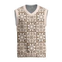 Beige Palaka Quilt Hawaii Christmas Knitted V-Neck Vest Hawaiian Tropical Monstera Sea Turtle