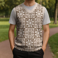 Beige Palaka Quilt Hawaii Christmas Knitted V-Neck Vest Hawaiian Tropical Monstera Sea Turtle