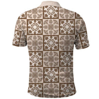 Beige Palaka Quilt Hawaii Polo Shirt Hawaiian Tropical Monstera Sea Turtle