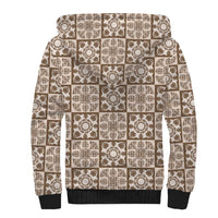 Beige Palaka Quilt Hawaii Sherpa Hoodie Hawaiian Tropical Monstera Sea Turtle