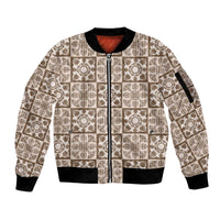 Beige Palaka Quilt Hawaii Sleeve Zip Bomber Jacket Hawaiian Tropical Monstera Sea Turtle