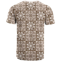 Beige Palaka Quilt Hawaii T Shirt Hawaiian Tropical Monstera Sea Turtle