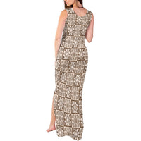 Beige Palaka Quilt Hawaii Tank Maxi Dress Hawaiian Tropical Monstera Sea Turtle