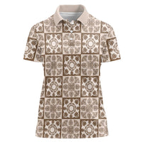 Beige Palaka Quilt Hawaii Women Polo Shirt Hawaiian Tropical Monstera Sea Turtle