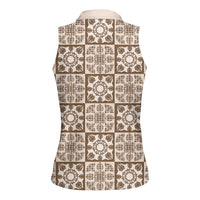 Beige Palaka Quilt Hawaii Women Sleeveless Polo Shirt Hawaiian Tropical Monstera Sea Turtle
