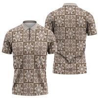 Beige Palaka Quilt Hawaii Zipper Polo Shirt Hawaiian Tropical Monstera Sea Turtle