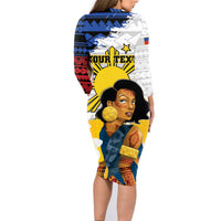 Personalised Philippines Women's Day Family Matching Long Sleeve Bodycon Dress and Hawaiian Shirt Filipino Golden Sun With Polynesian Pattern LT14 - Polynesian Pride