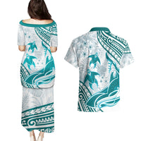 Cyan Polynesia Couples Matching Puletasi and Hawaiian Shirt Polynesian Turtle Shark Tattoo Tropical Vintage LT14 - Polynesian Pride