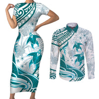 Cyan Polynesia Couples Matching Short Sleeve Bodycon Dress and Long Sleeve Button Shirt Polynesian Turtle Shark Tattoo Tropical Vintage LT14 Cyan - Polynesian Pride