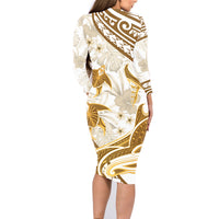 Gold Polynesia Family Matching Long Sleeve Bodycon Dress and Hawaiian Shirt Polynesian Turtle Shark Tattoo Tropical Vintage LT14 - Polynesian Pride