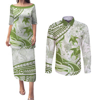 Lime Green Polynesia Couples Matching Puletasi and Long Sleeve Button Shirt Polynesian Turtle Shark Tattoo Tropical Vintage LT14 Lime Green - Polynesian Pride
