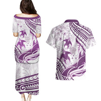 Purple Polynesia Couples Matching Puletasi and Hawaiian Shirt Polynesian Turtle Shark Tattoo Tropical Vintage LT14 - Polynesian Pride