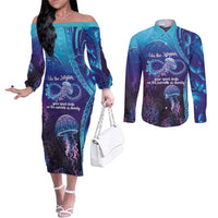 Polynesia Jellyfish Memorial Personalised Couples Matching Off The Shoulder Long Sleeve Dress and Long Sleeve Button Shirt Infinity Jellies Polynesian Pattern